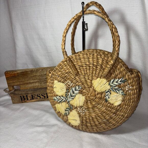 J. Jill Handbags - J. Jill Market Round Handwoven Straw Tote Bag with Lemon Embroidery